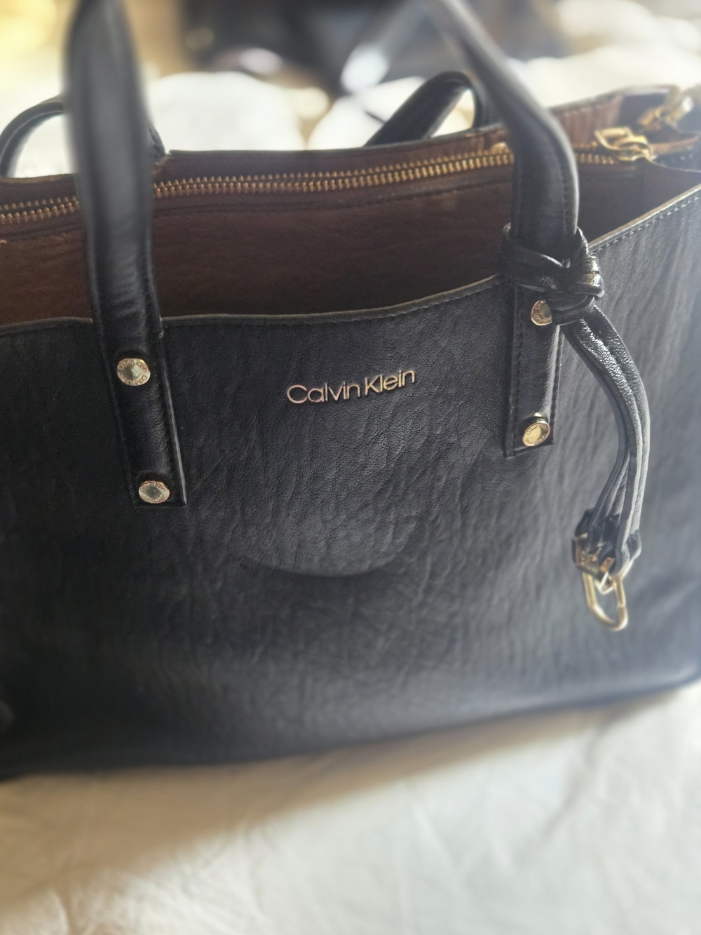 Calvin Klein Black Leather-Textured Tote with Gold Hardware
